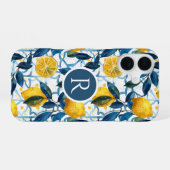 Monogram Blue Mediterranean Style Lemon Pattern  iPhone 16ケース (裏面横)
