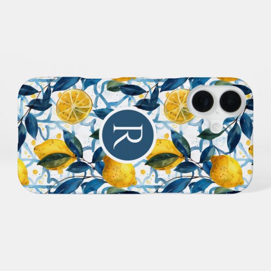 Monogram Blue Mediterranean Style Lemon Pattern iPhone 16ケース (裏面横)