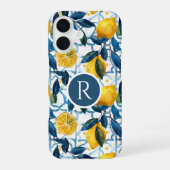 Monogram Blue Mediterranean Style Lemon Pattern  iPhone 16ケース (裏面)
