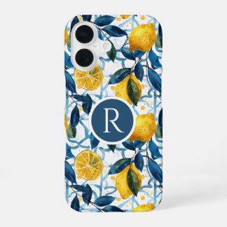 Monogram Blue Mediterranean Style Lemon Pattern  iPhone 16ケース