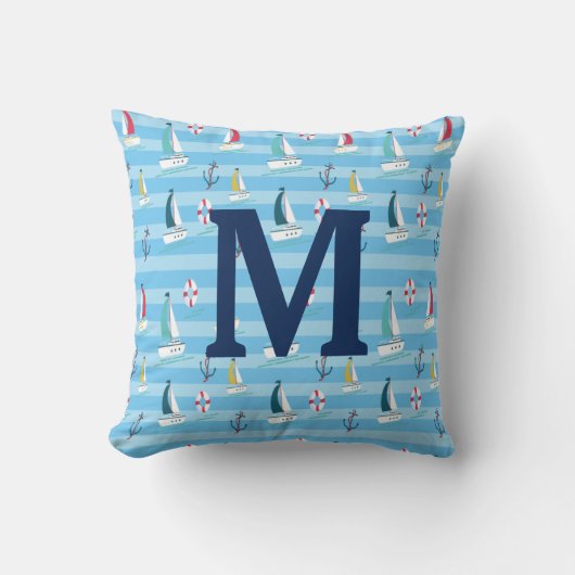 Monogram Blue Nautical Sailboat and Anchor クッション (正面)