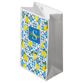 Monogram Blue Tile French Country Lemon Pattern  スモールペーパーバッグ (正面アングル)