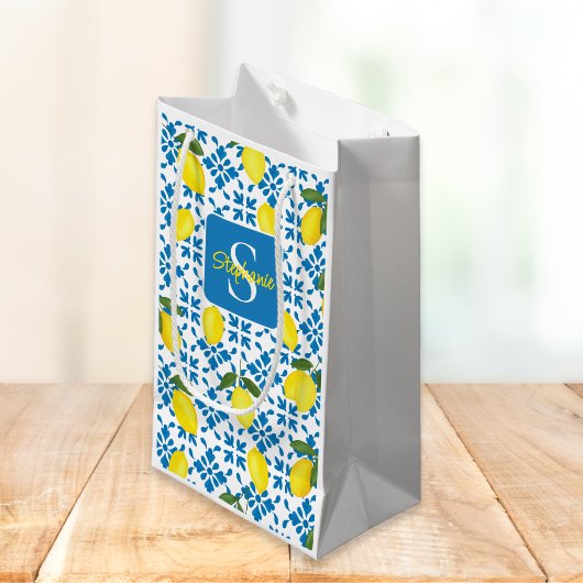 Monogram Blue Tile French Country Lemon Pattern  スモールペーパーバッグ