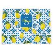 Monogram Blue Tile French Country Lemon Pattern  ラージペーパーバッグ (正面)