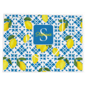 Monogram Blue Tile French Country Lemon Pattern  ラージペーパーバッグ (裏面)