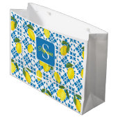 Monogram Blue Tile French Country Lemon Pattern  ラージペーパーバッグ (正面アングル)