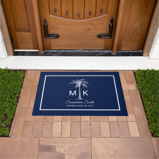 Monogram Blue White Palm Tree Personalized ドアマット (室外)
