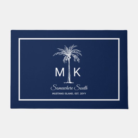 Monogram Blue White Palm Tree Personalized ドアマット (正面)