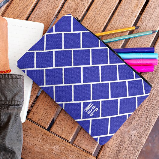 Monogram, Blue & White Stylish Trellis Pattern アクセサリーポーチ