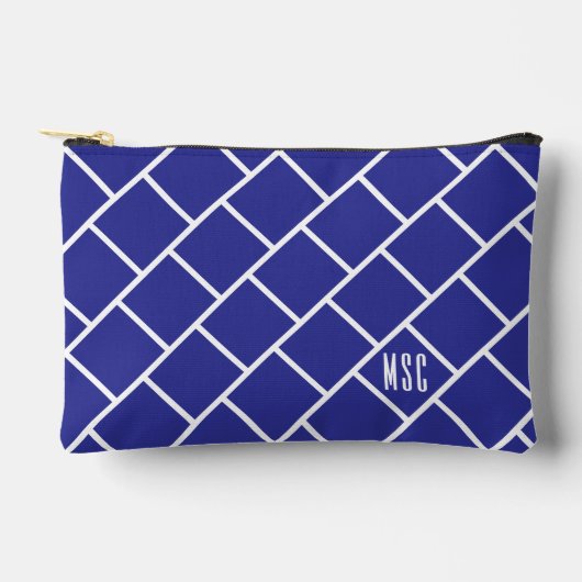 Monogram, Blue & White Stylish Trellis Pattern アクセサリーポーチ (正面)