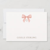 Monogram Blush Pink Bow Watercolor Note Card 招待状 (正面)