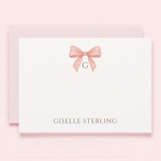 Monogram Blush Pink Bow Watercolor Note Card 招待状