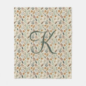 Monogram Boho Leaves Botanical Brown Green Beige フリースブランケット (正面)