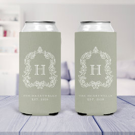 Monogram Botanical Crest Sage Green Wedding スリム缶クーラー