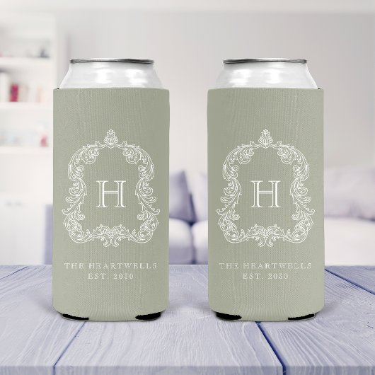 Monogram Botanical Crest Sage Green Wedding スリム缶クーラー