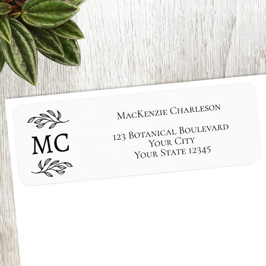 Monogram Botanical Leaf Line Art Return Address ラベル