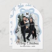 Monogram Bow Photo Christmas Flat Card - Blue シーズンカード (正面/裏面)