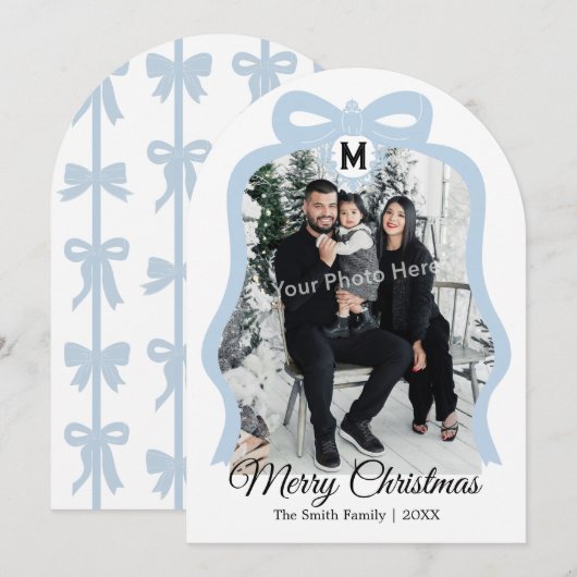 Monogram Bow Photo Christmas Flat Card - Blue シーズンカード (正面/裏面)