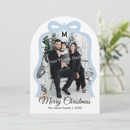Monogram Bow Photo Christmas Flat Card - Blue シーズンカード (スタンド正面)