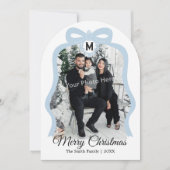 Monogram Bow Photo Christmas Flat Card - Blue シーズンカード (正面)