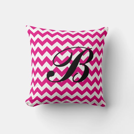 Monogram Bright Pink and White Chevron クッション (正面)
