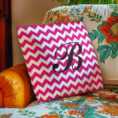 Monogram Bright Pink and White Chevron クッション
