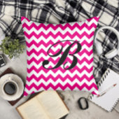 Monogram Bright Pink and White Chevron クッション