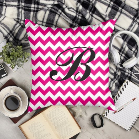 Monogram Bright Pink and White Chevron クッション