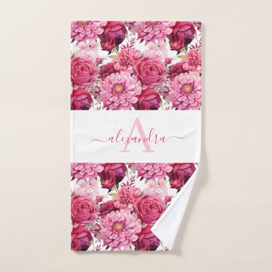 Monogram Bright Pink Floral Elegant Towel Set バスタオルセット (ハンドタオル)