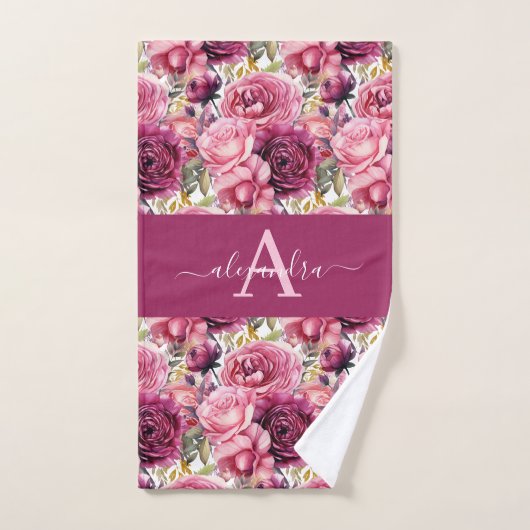 Monogram Bright Pink Floral Elegant Towel Set バスタオルセット (ハンドタオル)