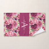 Monogram Bright Pink Floral Elegant Towel Set バスタオルセット (ハンドタオル)