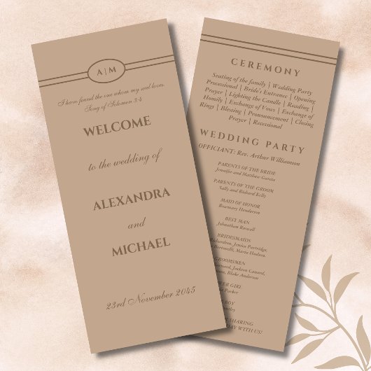Monogram Brown Taupe Christian Wedding Program プログラム