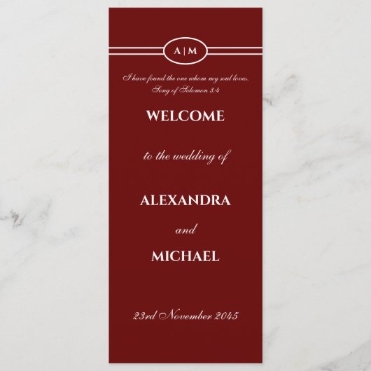 Monogram Burgundy Christian Wedding Program プログラム (正面)