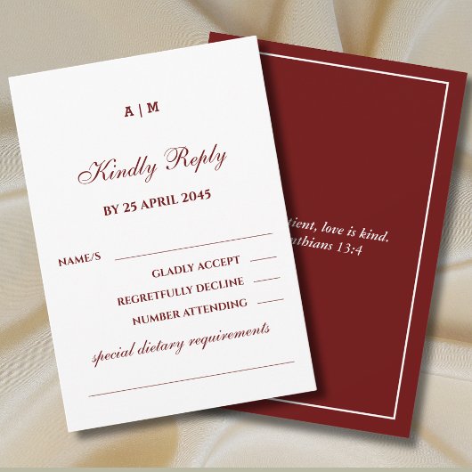 Monogram Burgundy Christian Wedding RSVP Card