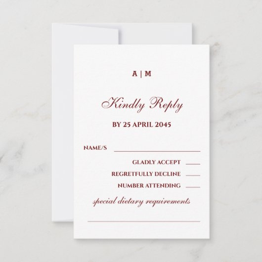 Monogram Burgundy Christian Wedding RSVP Card (正面)