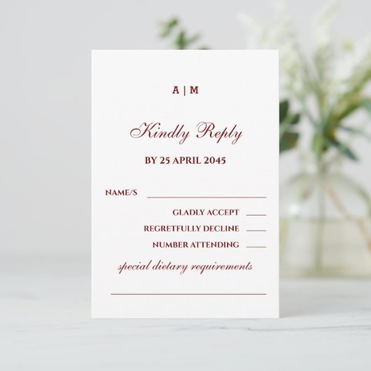 Monogram Burgundy Christian Wedding RSVP Card (スタンド正面)