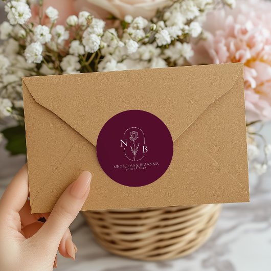 Monogram Burgundy Minimalist Modern Wedding ラウンドシール