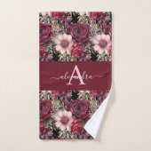 Monogram Burgundy & Pink Floral Elegant Towel Set バスタオルセット (ハンドタオル)