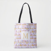 Monogram Cats Library Book Tote Bag Girly Purple トートバッグ (正面)