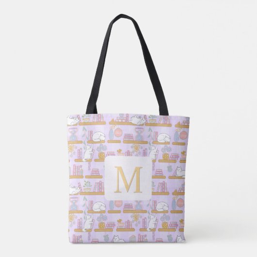 Monogram Cats Library Book Tote Bag Girly Purple トートバッグ (裏面)