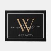 Monogram Chic Gold Script Names Wedding Date Black ドアマット (正面)