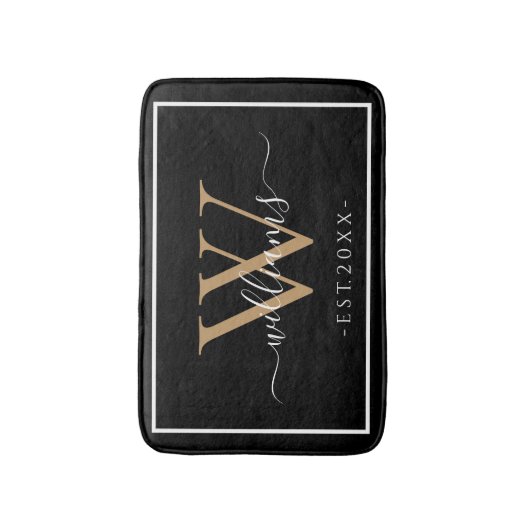 Monogram Chic Gold Script Names Wedding Date Black バスマット (正面縦)