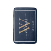 Monogram Chic Gold Script Names Wedding Date Navy バスマット (正面縦)