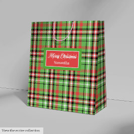 Monogram Christmas Gift Bag Red Green Plaid Design ミディアムペーパーバッグ