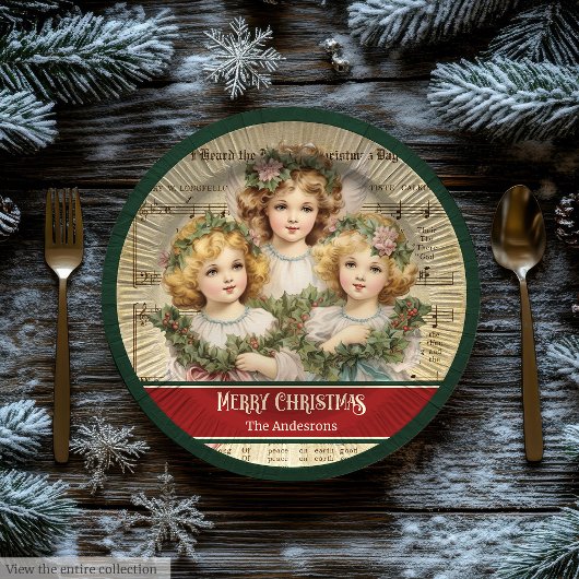 Monogram Christmas Paper Plates Retro Angels Girls ペーパープレート