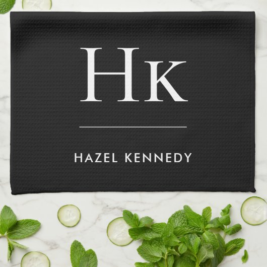 Monogram Classic Simple Elegant Black Monogrammed キッチンタオル (折り畳み)