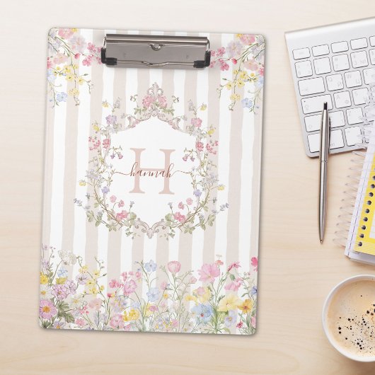 Monogram Colorful Floral Rococo Style Stripes クリップボード