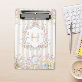 Monogram Colorful Floral Rococo Style Stripes ミニクリップボード