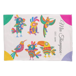 Monogram colorful folk art birds Pink Green yellow 枕カバー