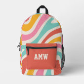 Monogram Colorful Retro Wavy Stripes プリントバックパック (正面)